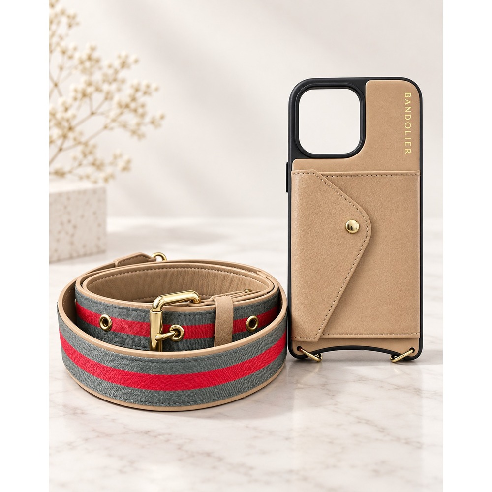 Bandolier Kimberly iPhone 14 Pro Max Crossbody Case Strap Tan Gold Leather
